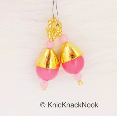 Pink Bead Tassels Latkan, Indian Antique Distressed Latkans, Gold Beaded Danglers